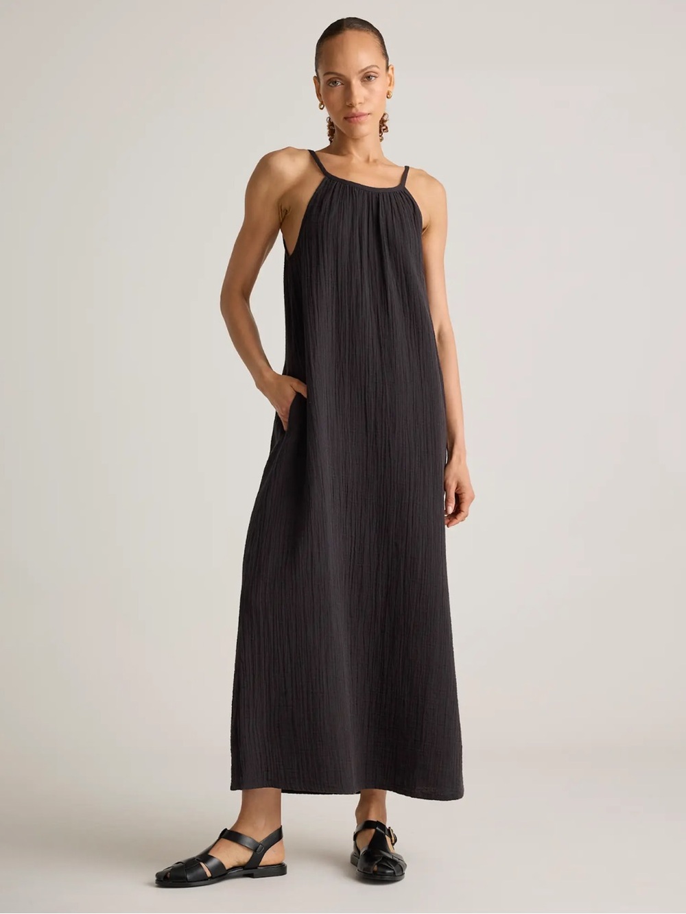 Quince Black Organic Cotton Gauze Sleeveless Maxi Dress